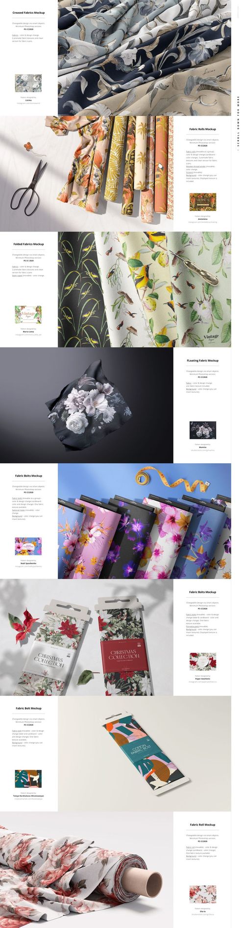 Fabric mockup bundle with multiple colorful textiles presented in rolls, folds, and flat layouts in a studio setting.