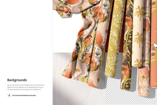 Assorted fabric rolls featuring colorful floral and leaf designs, displayed in a PSD mockup with a solid white background.