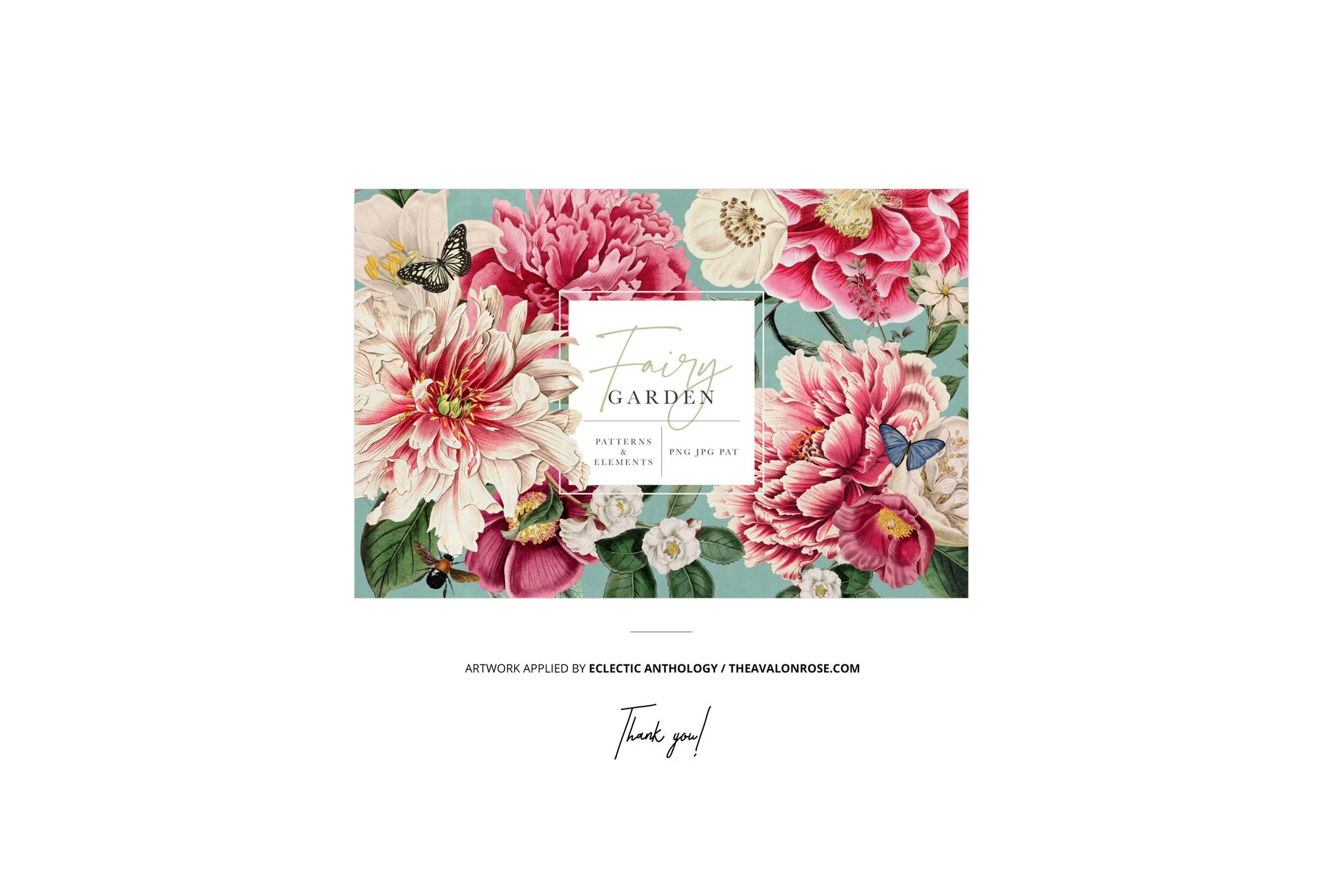 Floral garden pattern mockup with large pink and cream flowers, butterflies, and green leaves on a rectangular surface.