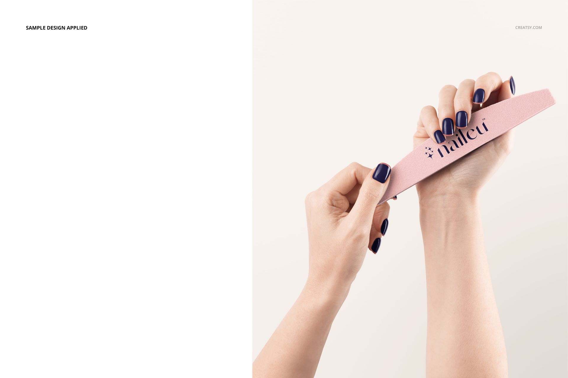 PSD mockup of a pink half moon nail file held by hands with navy blue nails, set against a soft beige background.