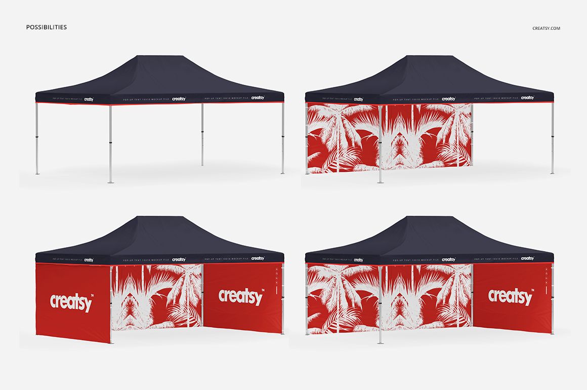 PSD mockup of a pop up tent, featuring a deep blue canopy and vibrant red walls with white botanical patterns.