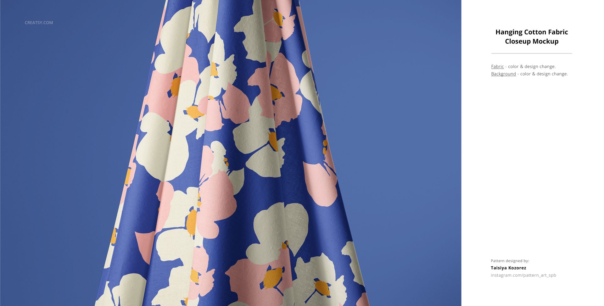 Cotton fabric mockup displaying a vibrant floral design, shown hanging with soft folds and a blue background.