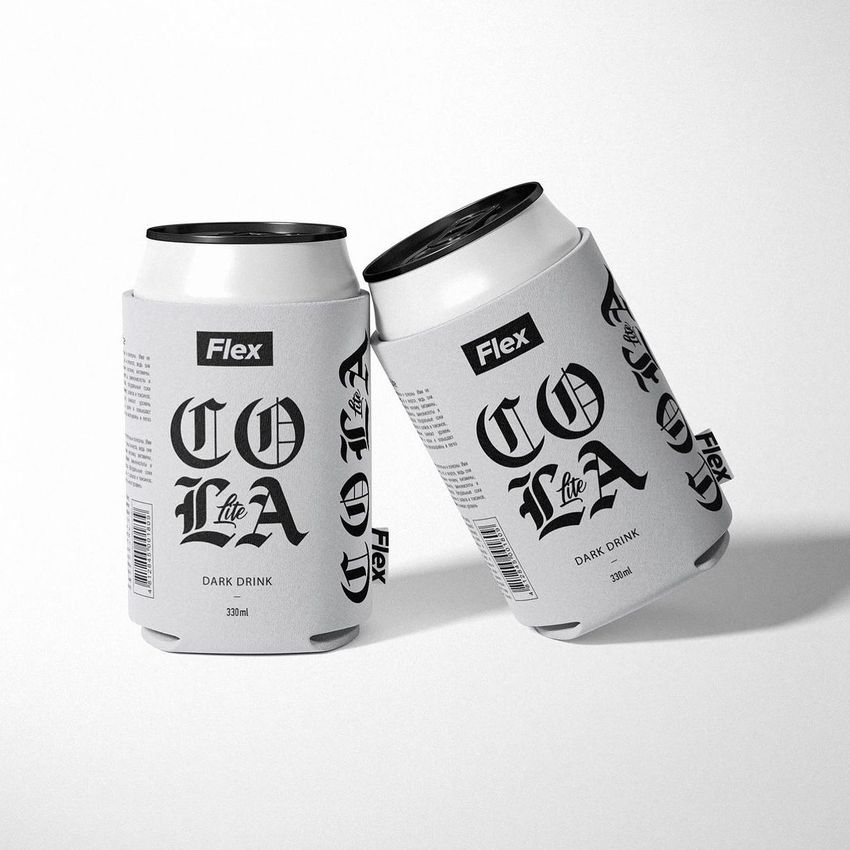 Neoprene can cooler mockup featuring two white cans with bold black text designs, set against a plain white background.