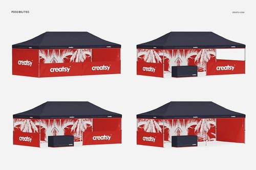 PSD mockup of a rectangular pop up tent featuring a dark blue top and tropical red and white panels, displayed in four views.