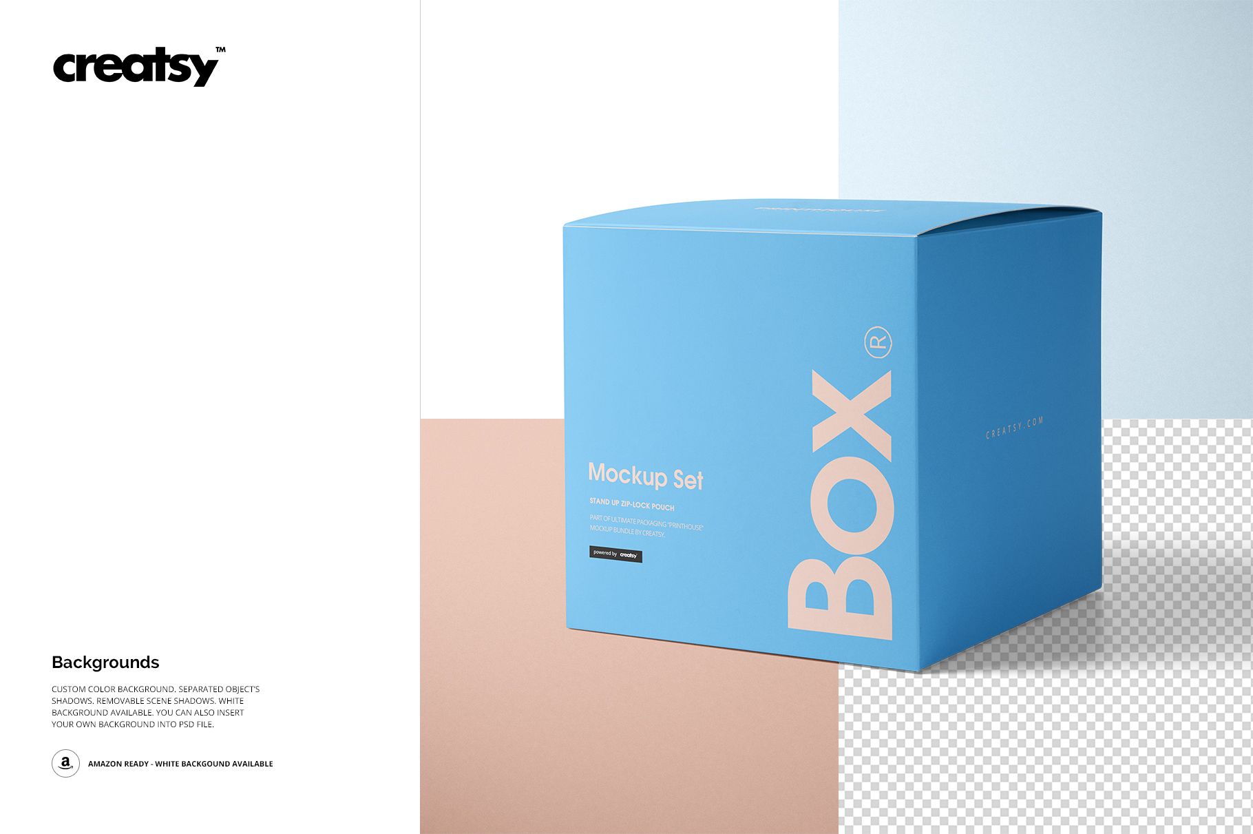Light blue square packaging box mockup displayed on a split background with beige, white, and transparent sections.