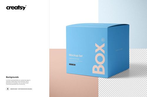 Light blue square packaging box mockup displayed on a split background with beige, white, and transparent sections.