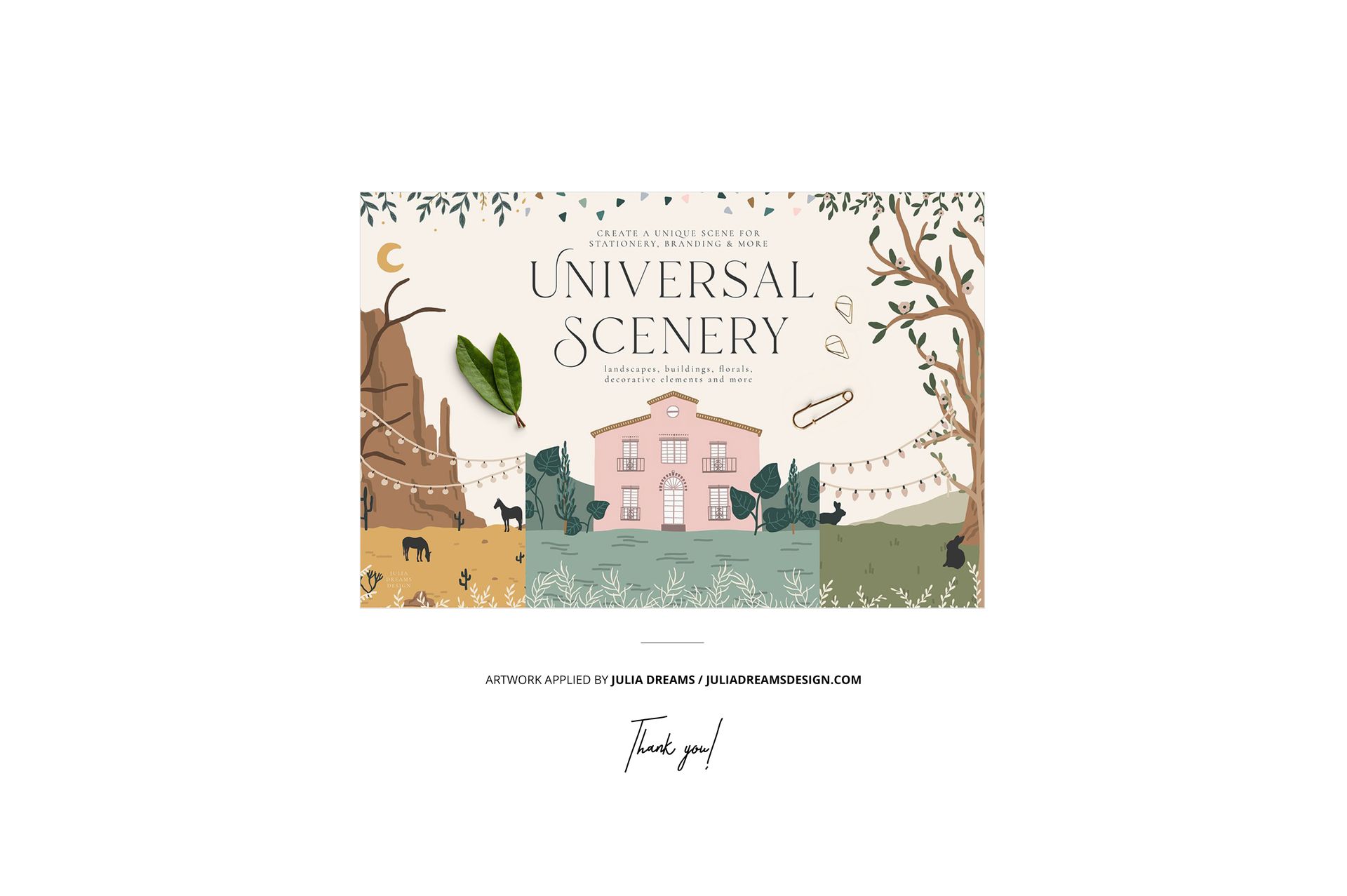 Front view of a fabric stack mockup featuring a printed scene with a pink house, trees, animals, and decorative lights.