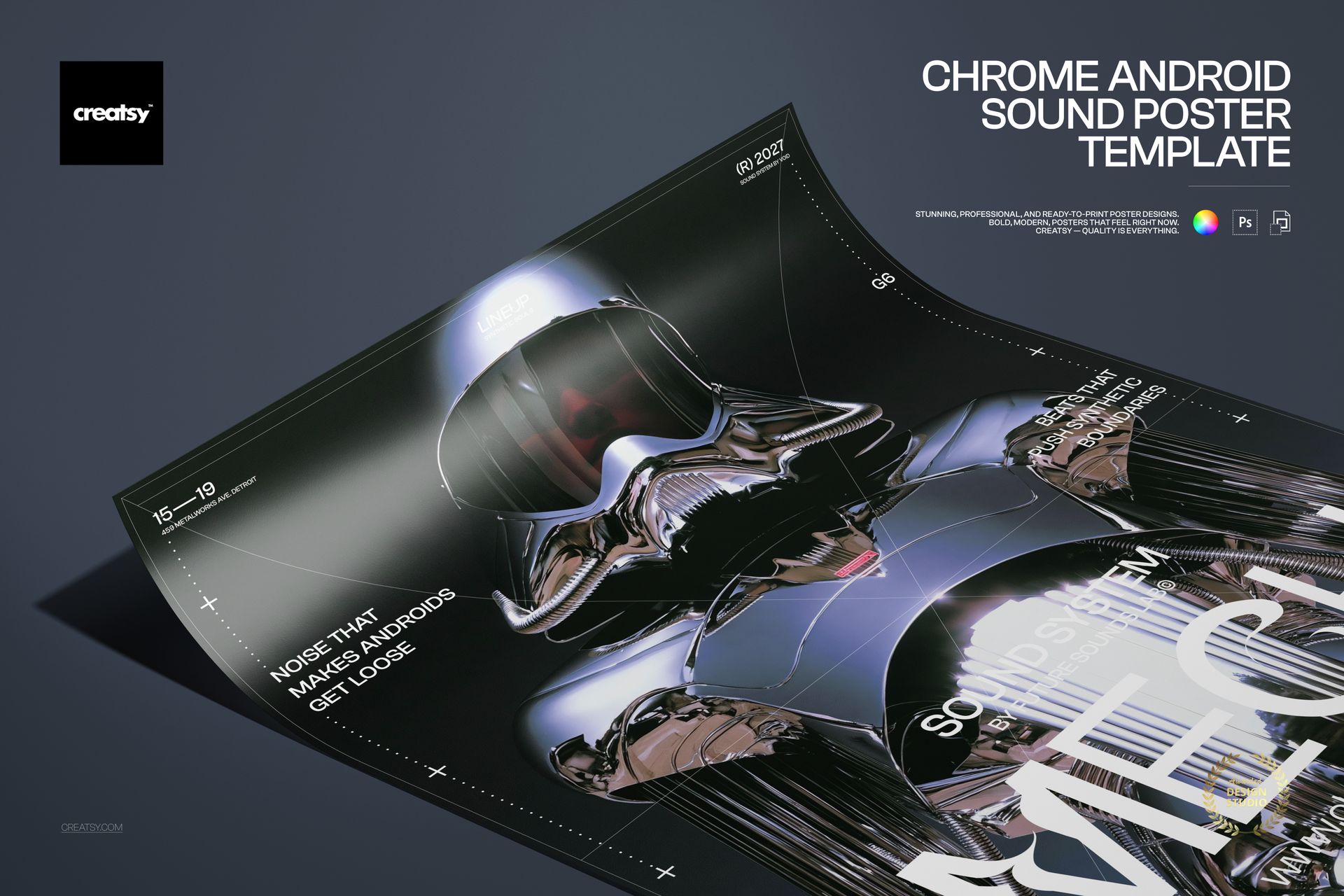 PSD mockup showing a futuristic poster design with a shiny chrome android and bold text, angled on a flat surface.