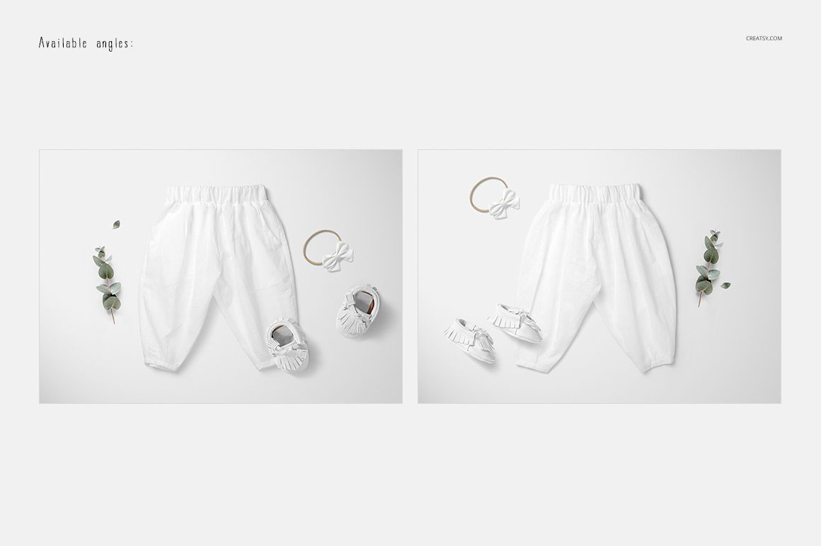White baby harem pants mockup displayed from two angles with matching shoes, headband, and green leaves.