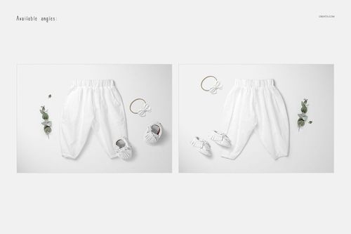 White baby harem pants mockup displayed from two angles with matching shoes, headband, and green leaves.