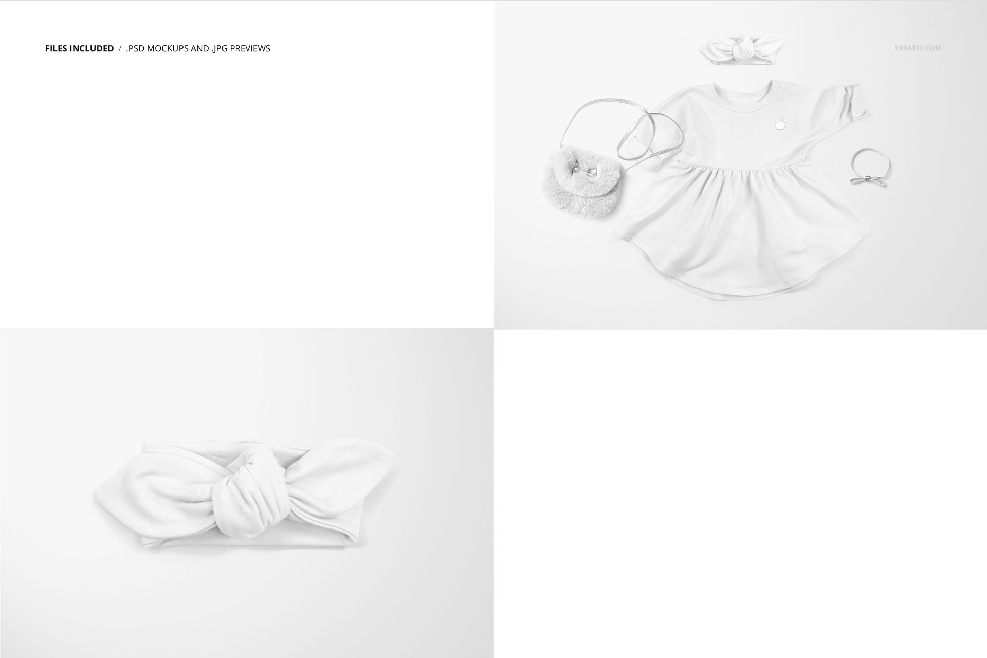 Top view of a white baby dress, headband, purse, and bracelet arranged together, suitable for PSD mockup presentations.
