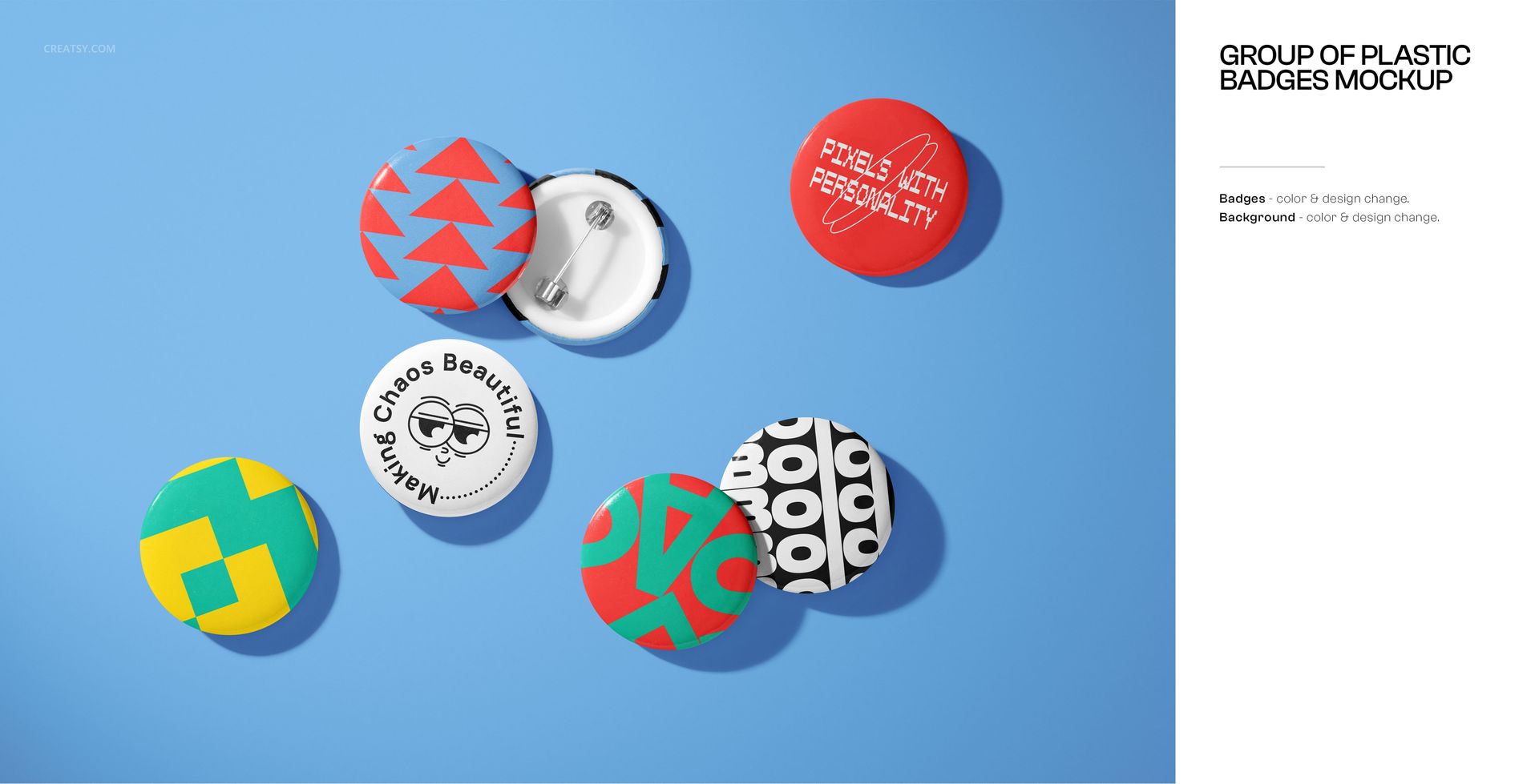 Top view of six colorful round plastic badges with various graphic designs on a blue background.