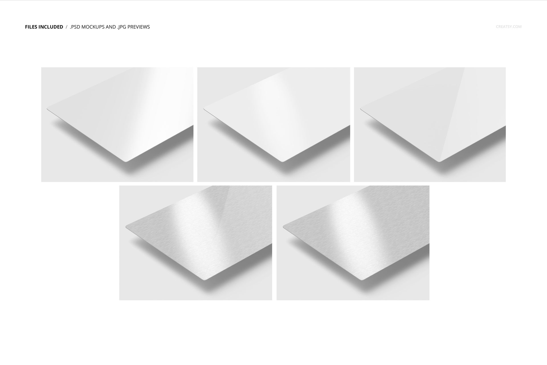 Closeup view of five aluminum print mockups arranged on a white background, showing different angles and lighting.