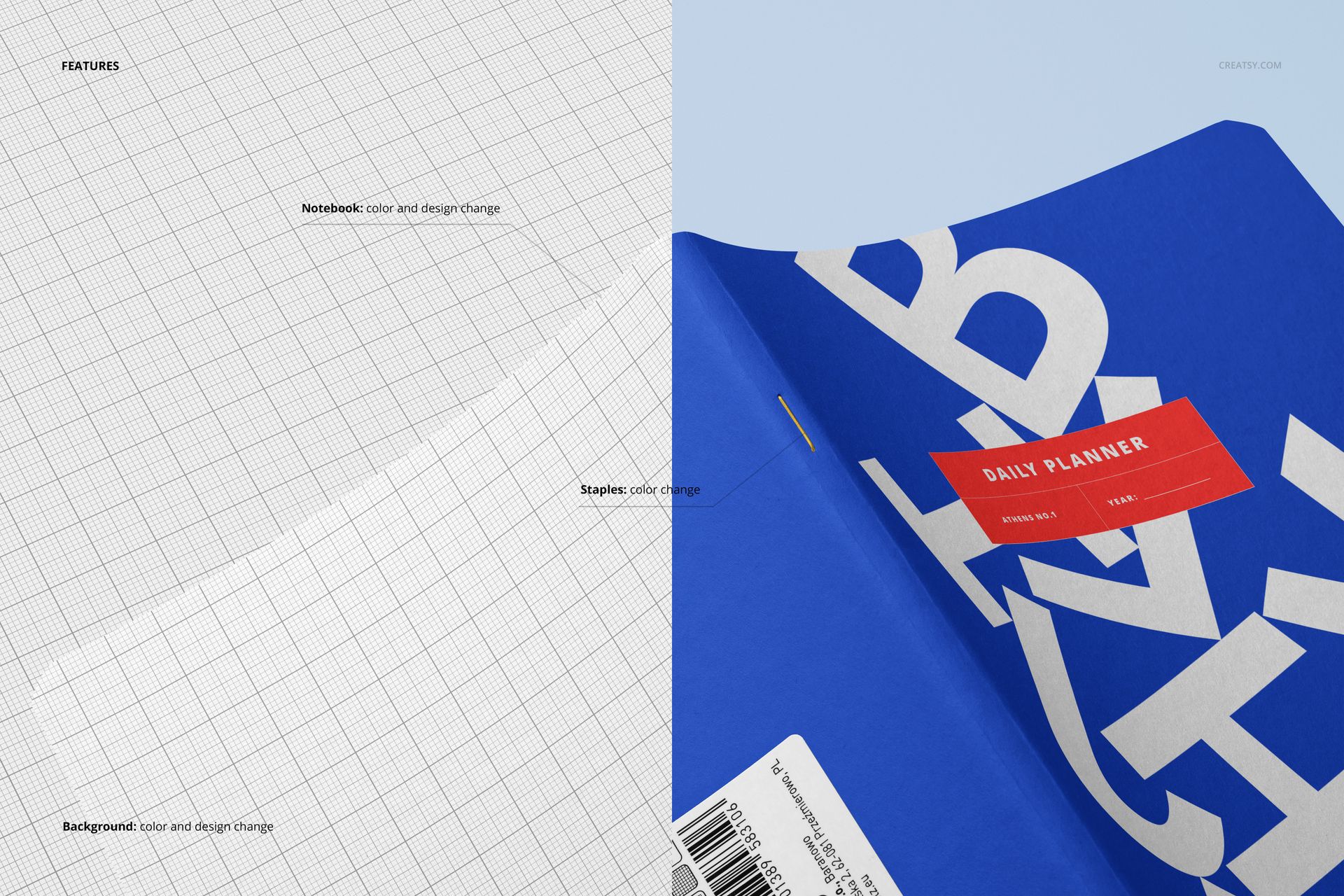 Close-up view of an opened notebook mockup, featuring a blue cover with bold white text and a red label.