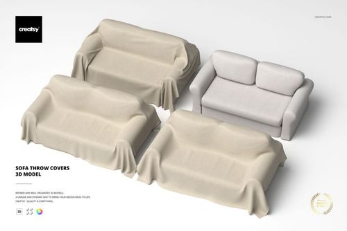 Four sofa throw covers in beige and light gray draped over sofas, shown from a top angled view on a white background.