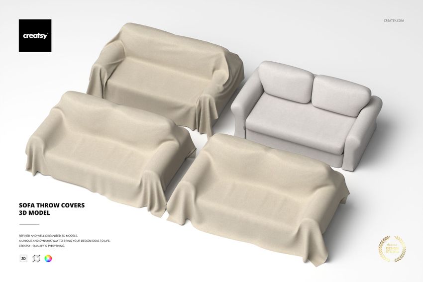 Four sofa throw covers in beige and light gray draped over sofas, shown from a top angled view on a white background.