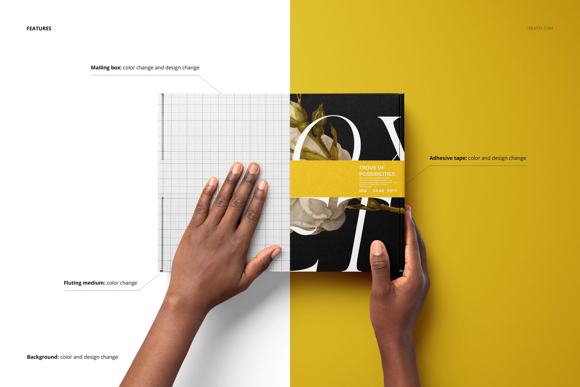 Mailing box mockup held in two hands, left side on white grid background and right side on solid yellow background.