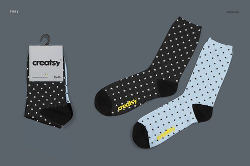PSD mockup of two types of socks featuring star designs, shown in black and light blue colors on a neutral backdrop.