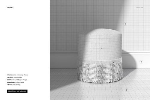 Round velvet footstool mockup with fringe detail, shown in a front view against a grid-patterned background.