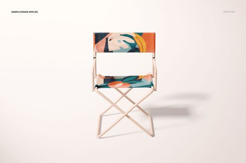 Folding directors chair mockup featuring a geometric, multicolored design on the fabric, shown from the front.