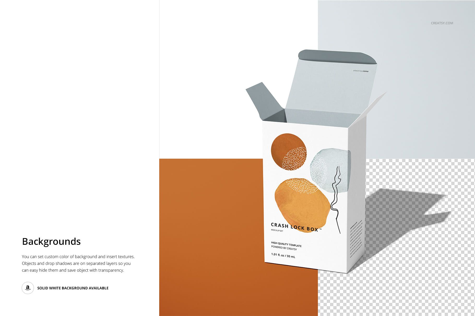 Front view of a tuck top crash lock box mockup with abstract orange and gray shapes, open lid, on a white and orange background.