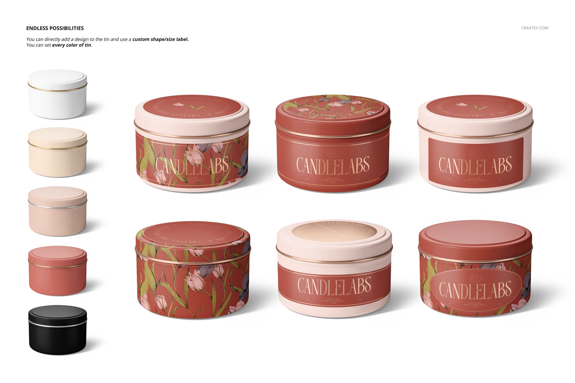 Collection of round candle tins in different shades and floral designs, displayed in a mockup layout from multiple angles.