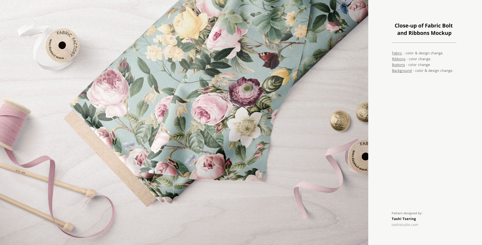 Floral fabric bolt mockup displayed with pink ribbon spools and buttons on a white textured background.