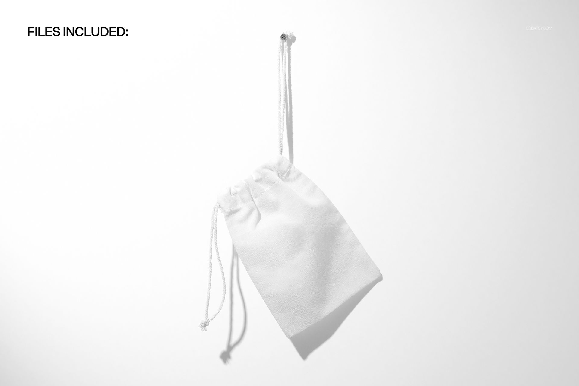 Front view of a hanging cotton drawstring pouch mockup in white, set against a plain light background.