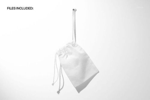 Front view of a hanging cotton drawstring pouch mockup in white, set against a plain light background.