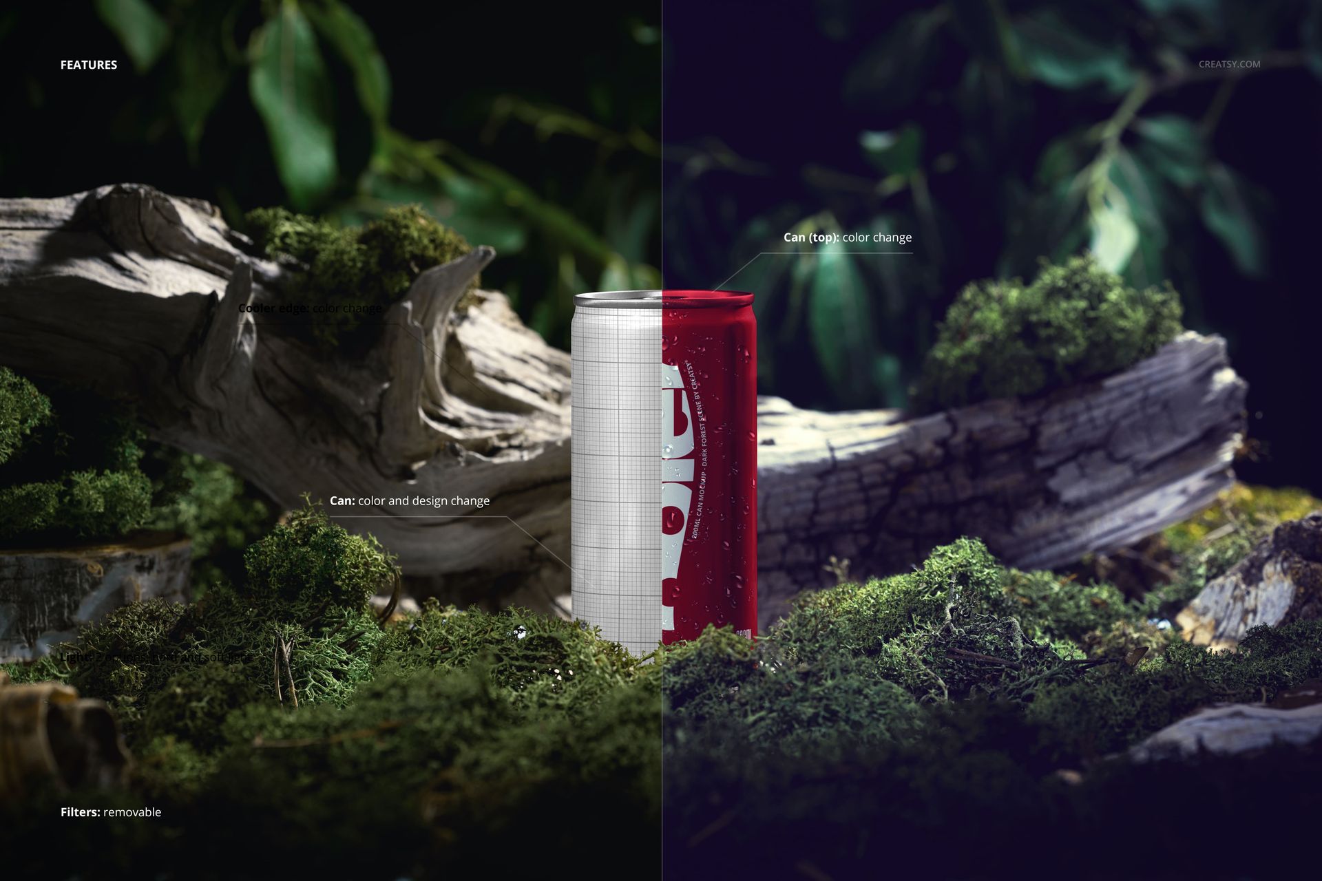 200ml can mockup displayed in a forest nature scene with moss, branches, and green foliage in the background.