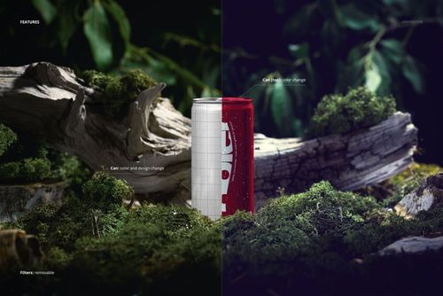 200ml can mockup displayed in a forest nature scene with moss, branches, and green foliage in the background.