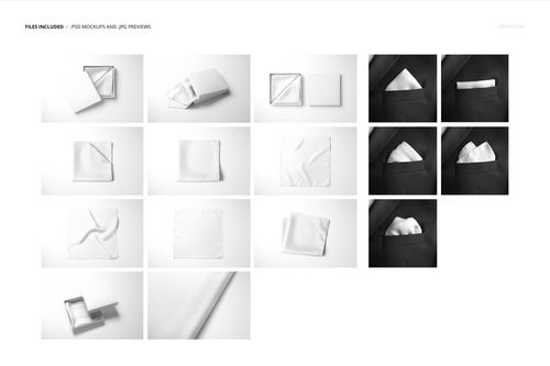 Set of pocket square mockup images showing white fabric squares in various folds and suit pocket placements.