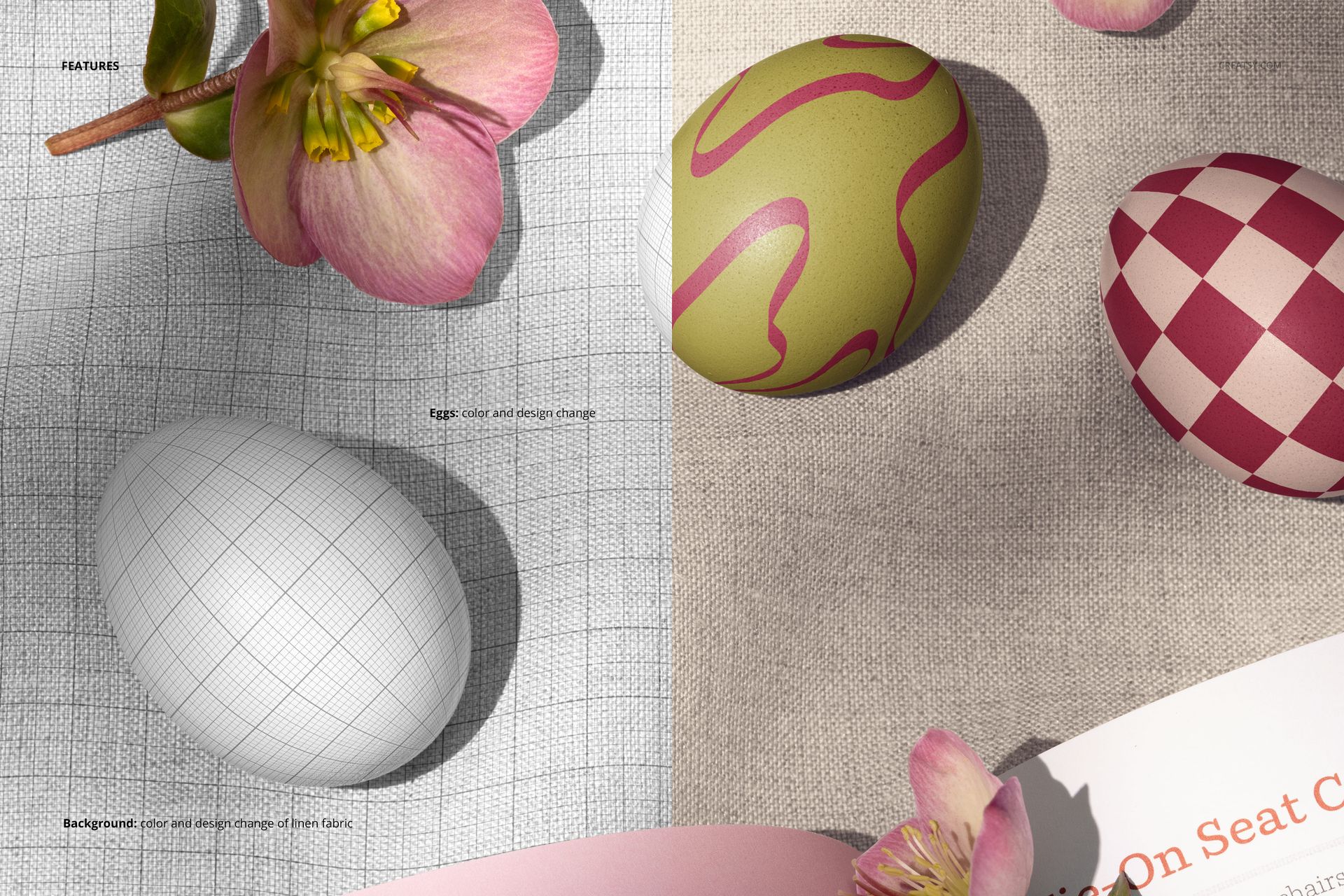 PSD mockup showing decorated Easter eggs in green and red tones, placed on linen fabric beside a blooming flower.