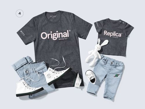 Mockup set showing adult and kids apparel in charcoal gray, arranged with casual denim pants and white footwear.