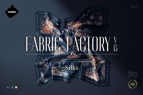 Silk fabric mockup displayed from a top view, featuring a floral pattern in muted blue and beige tones on a dark background.