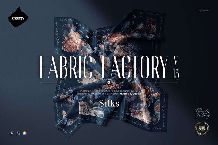 Silk fabric mockup displayed from a top view, featuring a floral pattern in muted blue and beige tones on a dark background.