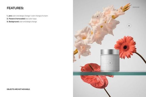 Front view of a cosmetic jar mockup on a transparent glass shelf, accented by pink and red floral props.