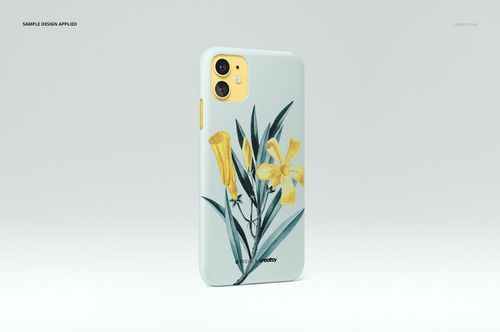 iPhone 11 matte snap case with yellow floral design, shown from the back on a light gray background, mockup style.