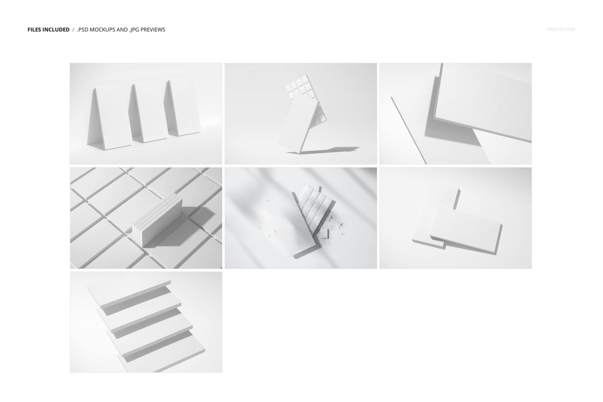 Chocolate bar packaging mockup set featuring various white rectangular boxes and wrappers arranged on a plain background.