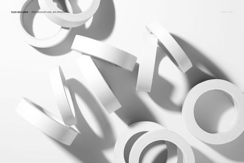 White packaging tape rolls mockup in a scattered layout, photographed from an overhead perspective with clear shadows.