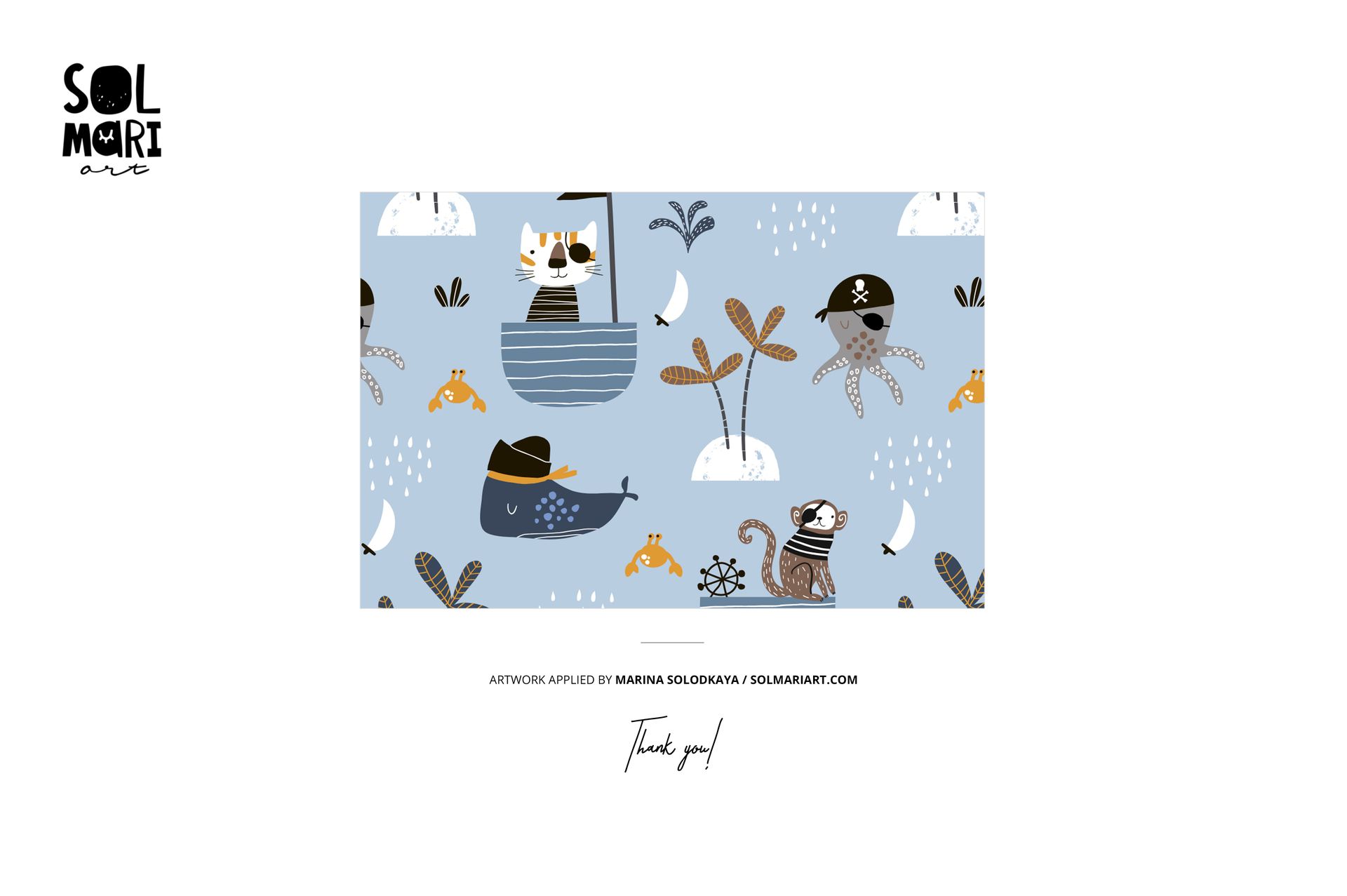 Seamless pattern featuring pirate animals including cats, monkeys, and birds on a blue background with boats and palm trees.
