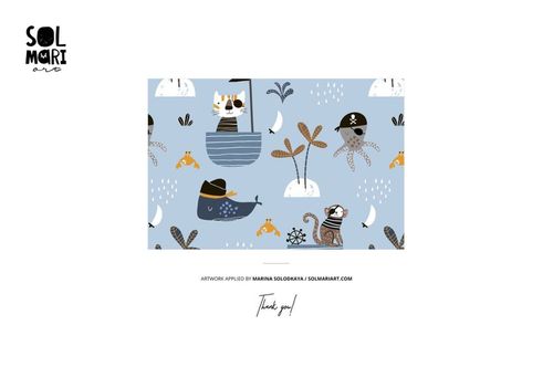 Seamless pattern featuring pirate animals including cats, monkeys, and birds on a blue background with boats and palm trees.