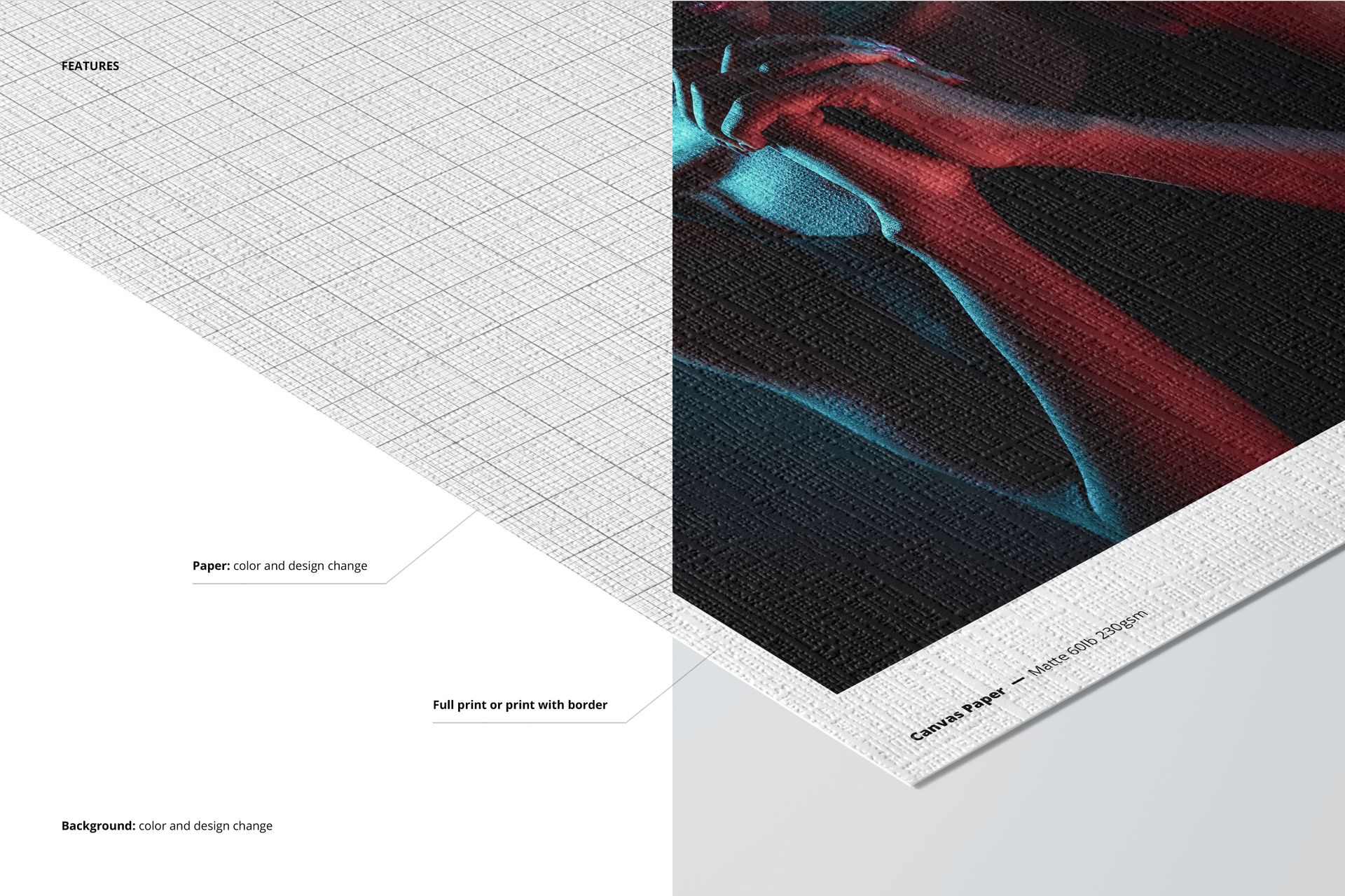 Canvas paper mockup showing a textured print with a partial abstract artwork, grid overlay, and labeled features.