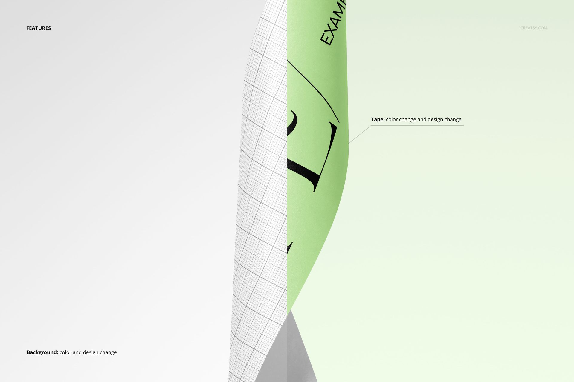 Twisted packaging tape mockup showing a close-up of a green tape with black text against a light background.