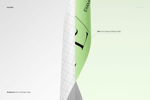 Twisted packaging tape mockup showing a close-up of a green tape with black text against a light background.