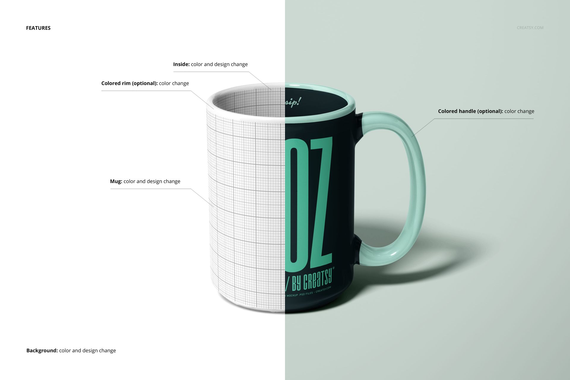 Split view of a 15oz mug mockup showing editable color and design options, with grid pattern on one side.
