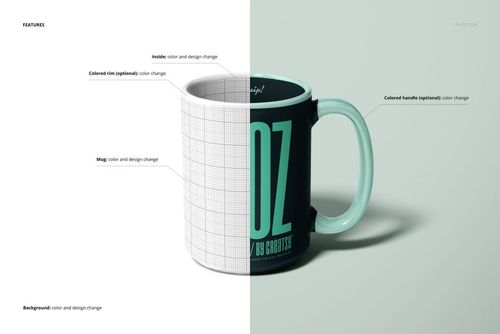 Split view of a 15oz mug mockup showing editable color and design options, with grid pattern on one side.