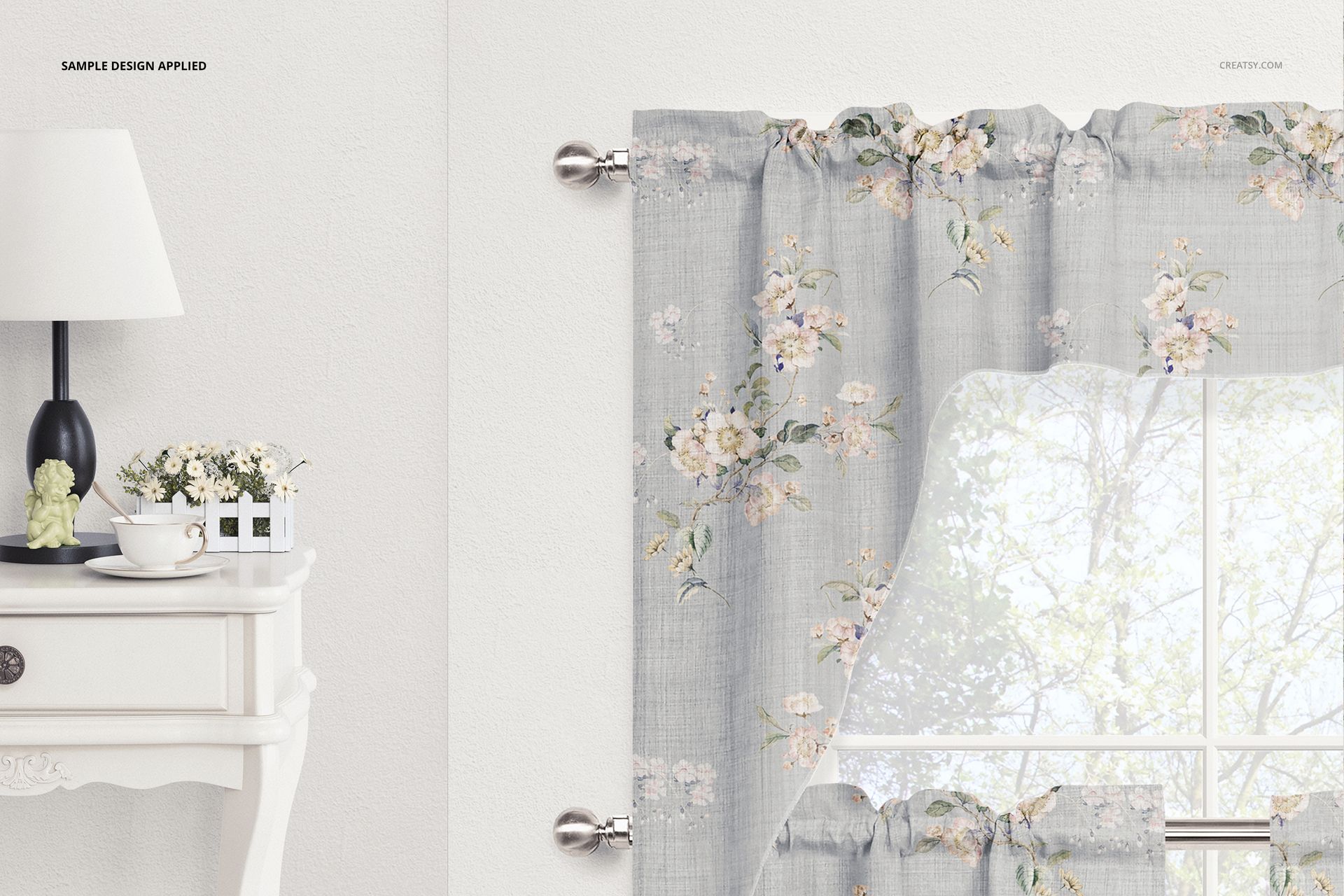 Cafe curtains and valance mockup showing floral designs on light gray fabric, styled in a sunlit home interior.
