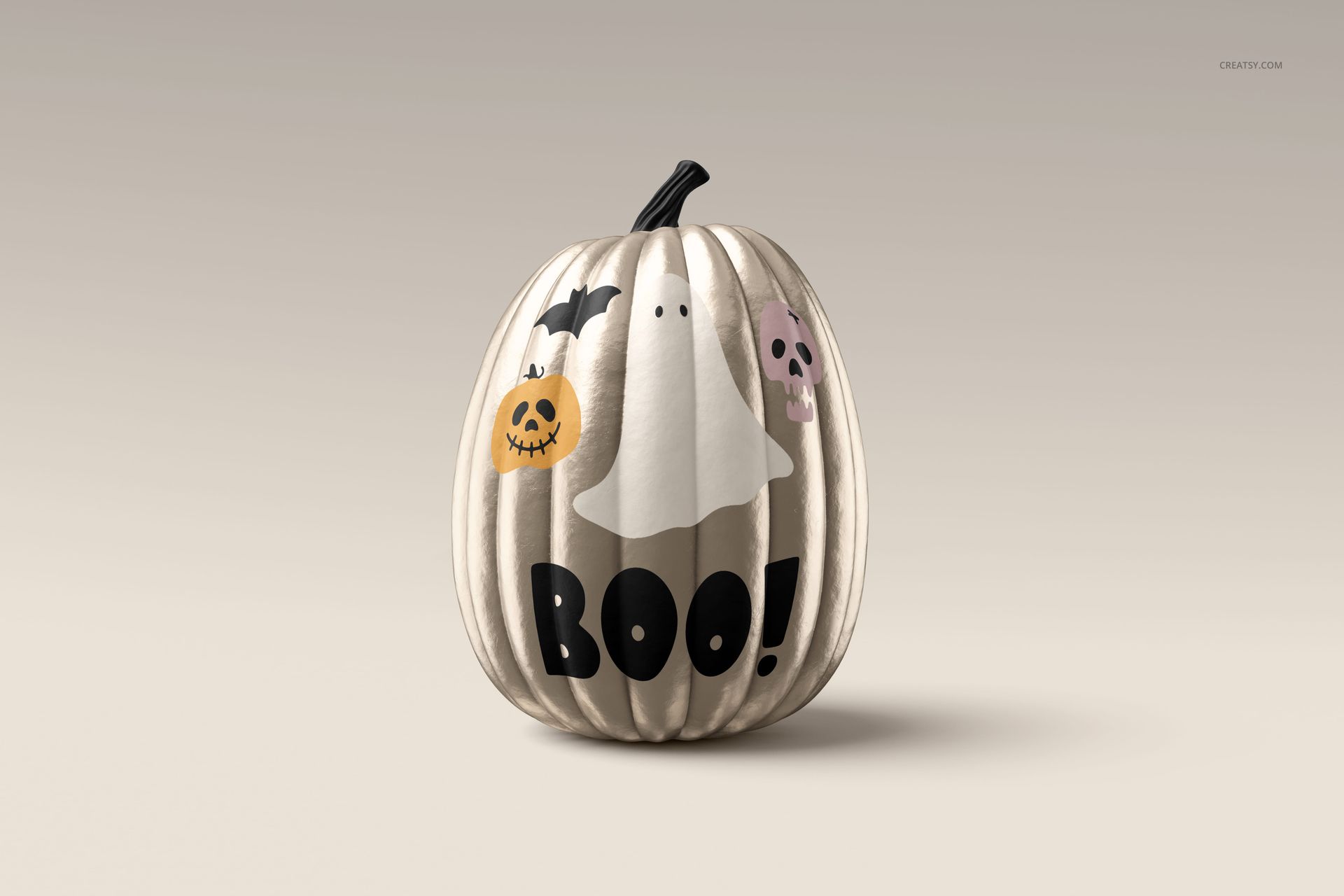 Single pumpkin mockup featuring cartoon ghost, bat, jack-o'-lantern, and skull graphics on a neutral background.