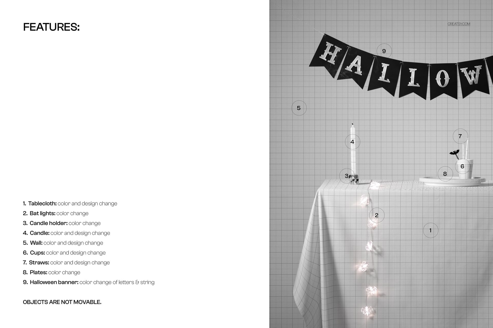Halloween PSD mockup showing a decorated table with candles, fairy lights, and a black lettered banner on the wall.